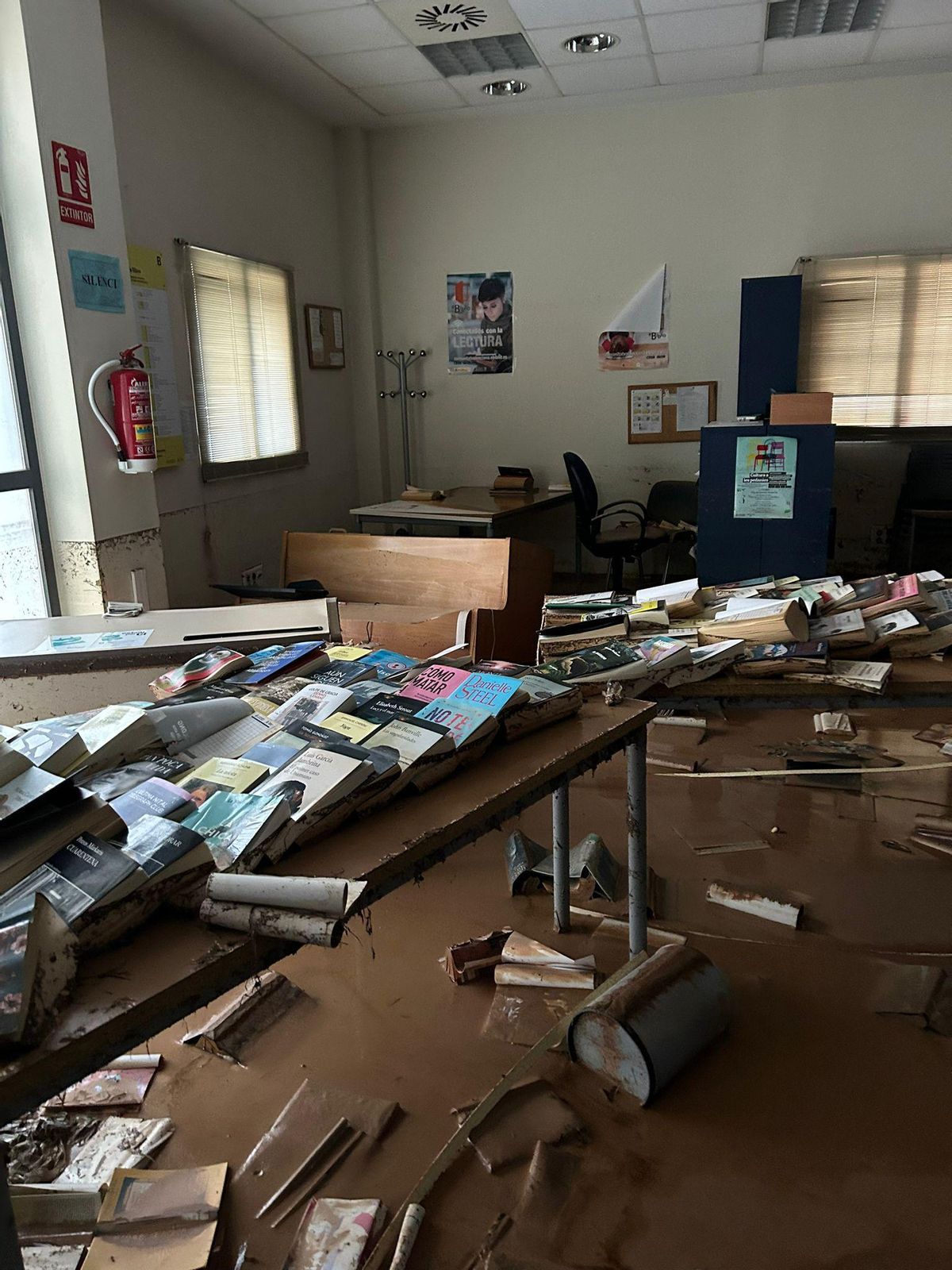 La biblioteca de La Torre anegada de lodo