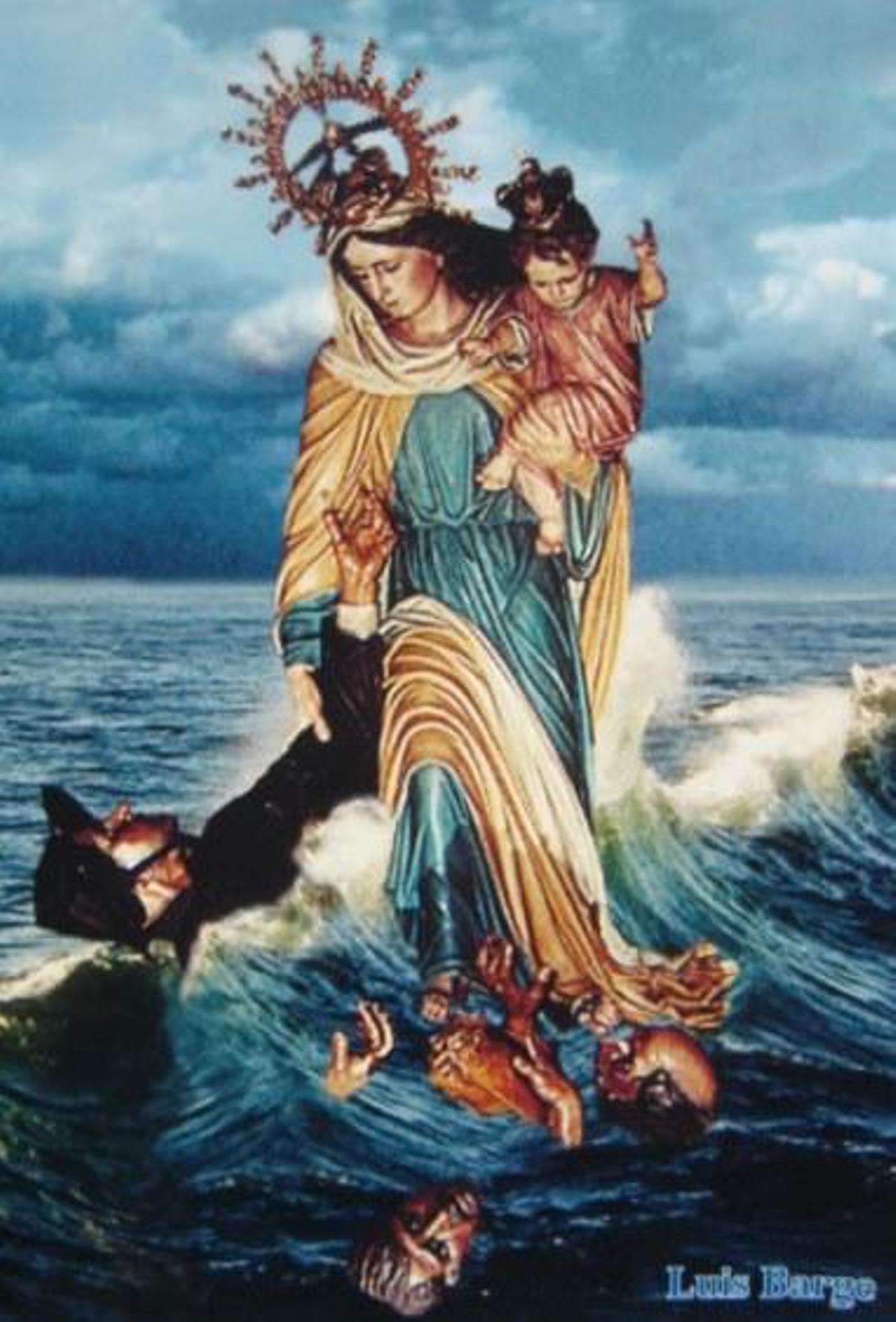 Esquerda: Composición fotográfica cedida por Luís Barge, de Cedeira, situando á Virxe do Mar na zona do naufraxio. Dereita: Virxe do Carme clásica, que se conserva na igrexa de S. Martiño de Moaña. | // M.U.