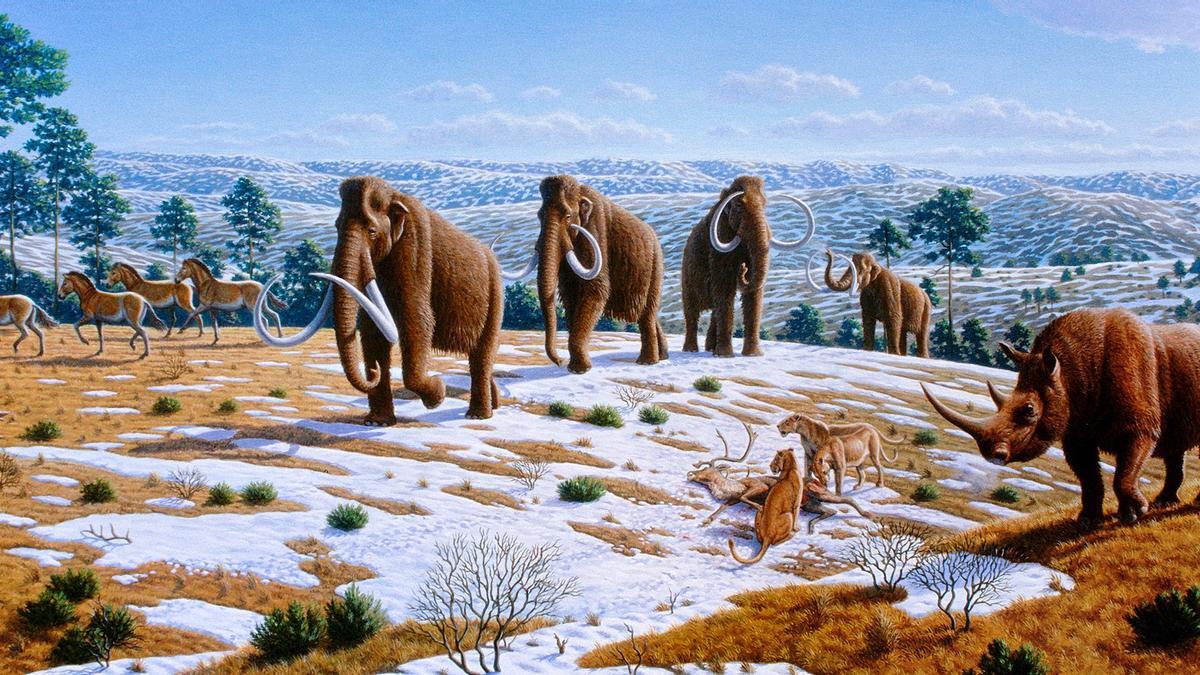 Ilustración de un paisaje y fauna del Pleistoceno