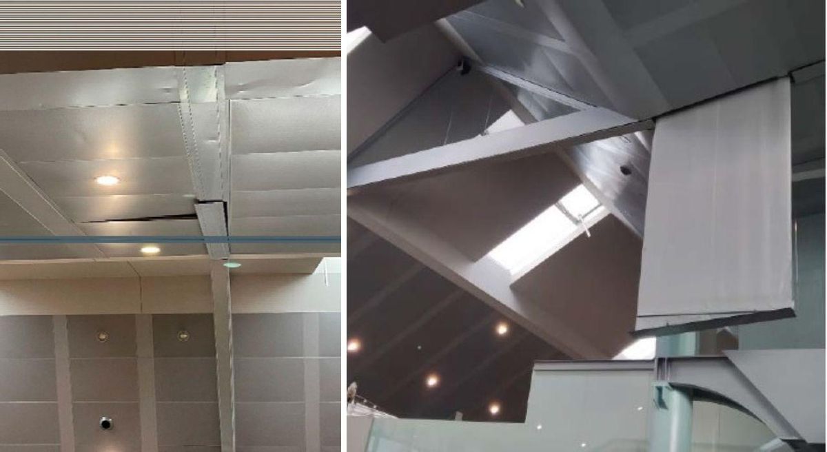 A la izquierda, techo dañado por el mal funcionamiento de las actuales cortinas automáticas.