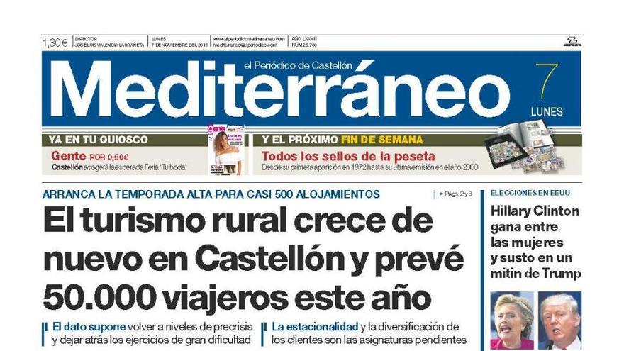 El turismo rural crece de nuevo en Castellón y prevé 50.000 viajeros este año, hoy en la portada de Mediterráneo.