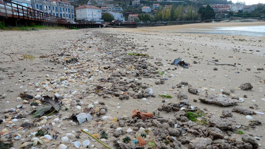 Toneladas de heces cubrían desde las 04.00 horas de ayer la playa de San Cibrán. //Gonzalo Núñez