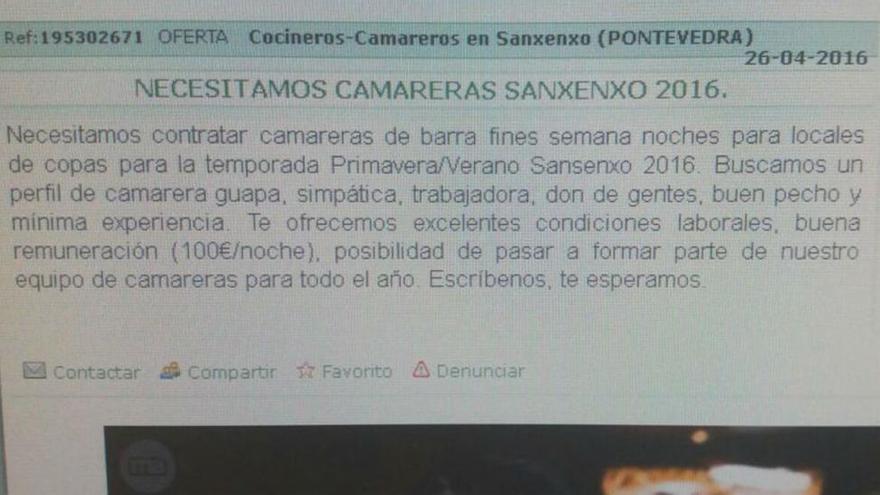 El pueblo de Sanxenxo denuncia un anuncio que buscaba camareras &quot;con buen pecho&quot;