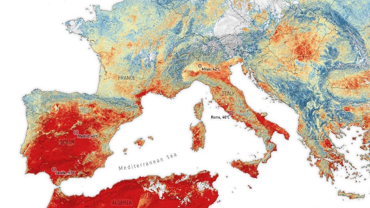 Mapa térmico donde se refleja la temperatura de la superficie terrestre en Europa y partes del norte de África en la mañana del 10 de julio de 2023.