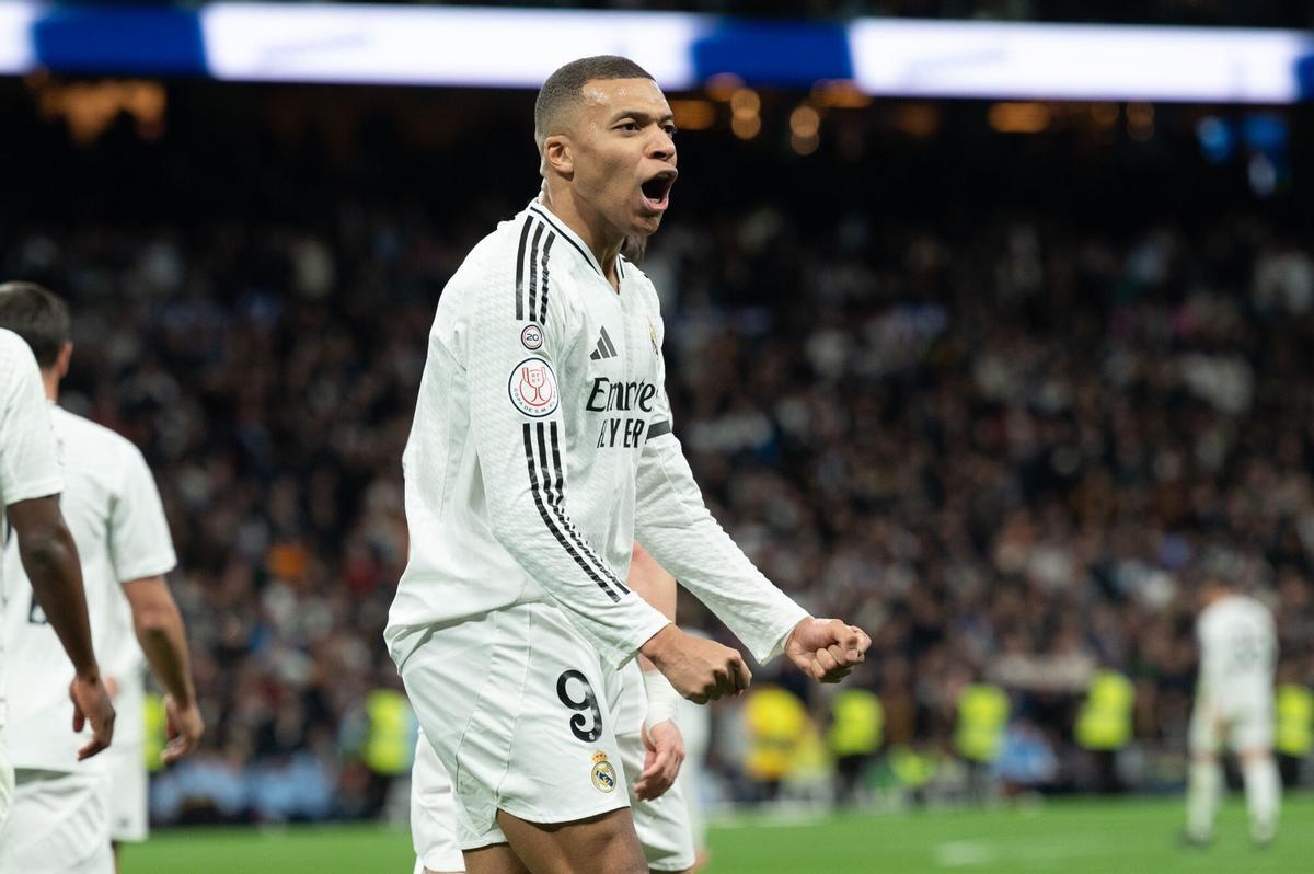 Partido de octavos de final de la Copa del Rey entre el Real Madrid y el Real Club Celta de Vigo, disputado en el estadio Santiago Bernabéu. Mbappé celebra su gol.. FUTBOL.