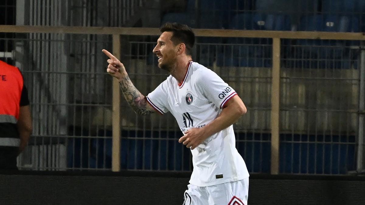 Messi celebra uno de sus goles ante el Montpellier