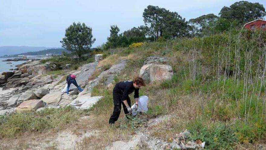 Medio centenar de voluntarios participaron ayer en la limpieza de la playa de Espiñeiro, donde la marea arrastró gran cantidad de basura. // Noé Parga