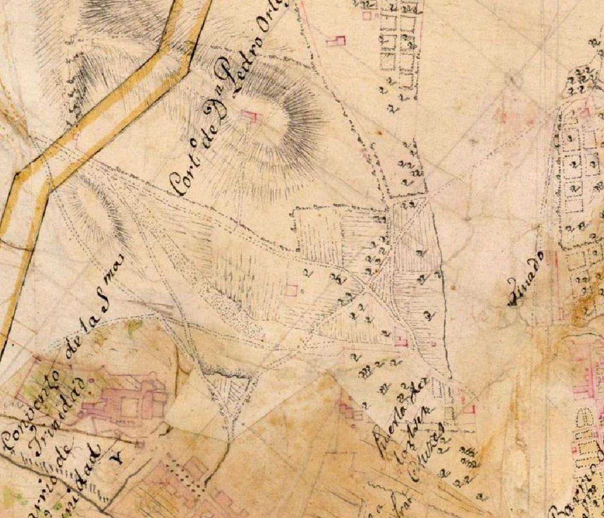Arriba, los terrenos del Cortijo de Pedro Ortega, detalle del plano de Verboom de 1722