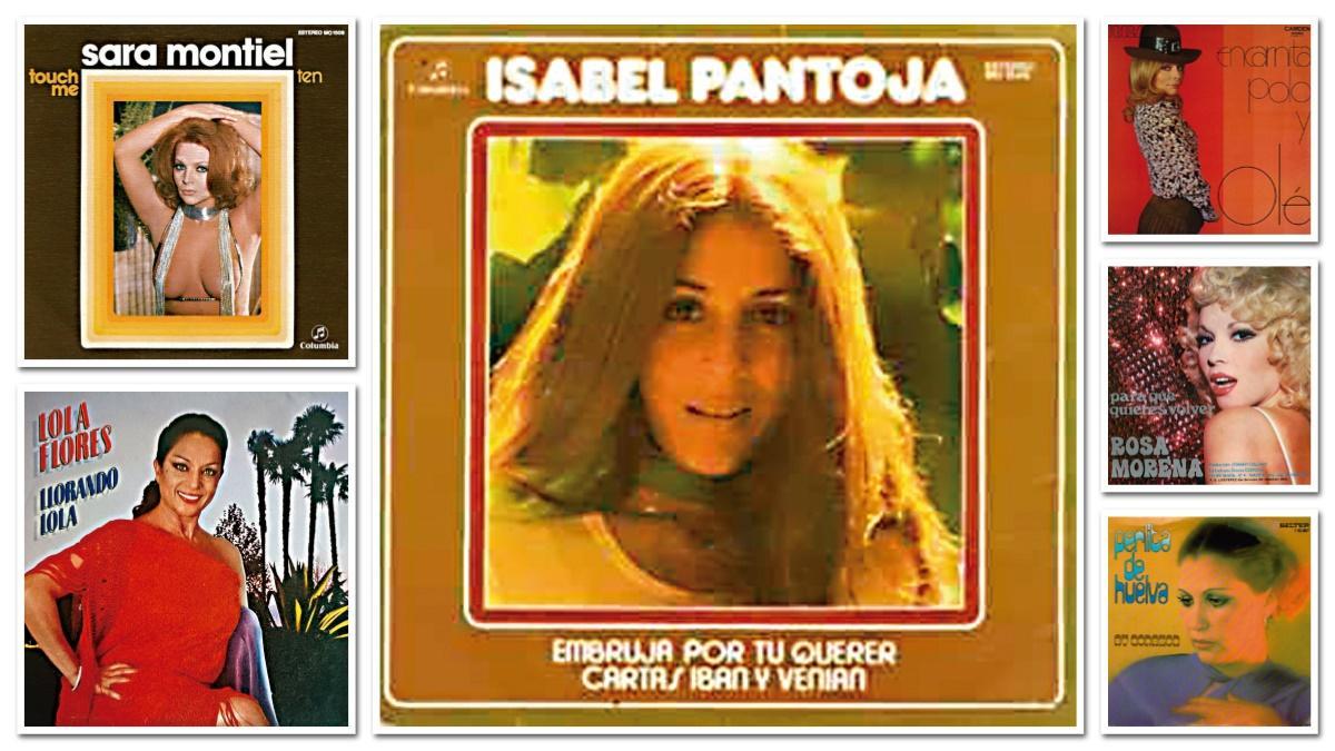 Portadas de los sencillos de Sara Montiel, Lola Flores, Isabel Pantoja, Encarnita Polo, Rosa Morena y Perlita de Huelva incluidos en '¡Naino! Queens'.