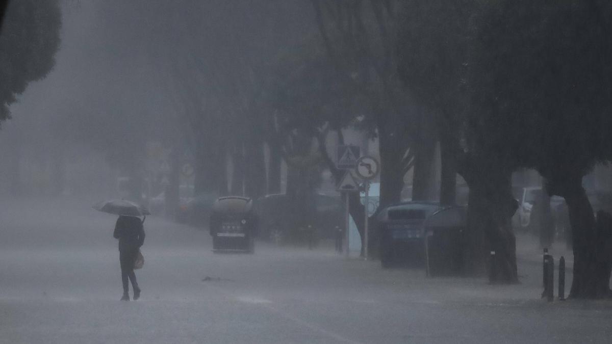 Una persona atraviesa la cortina de lluvia que cayó en l'Alcúdia la pasada semana.