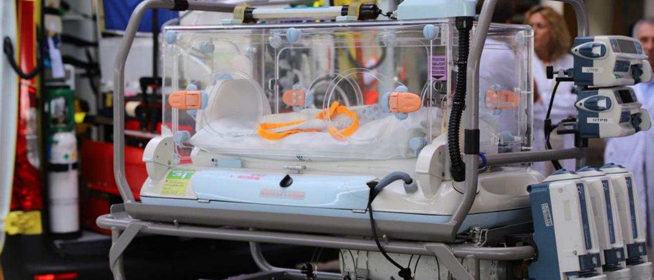 Un recién nacido, dentro de la incubadora durante un vuelo de la unidad de traslado pediátrico de Balears. | U. T. P.