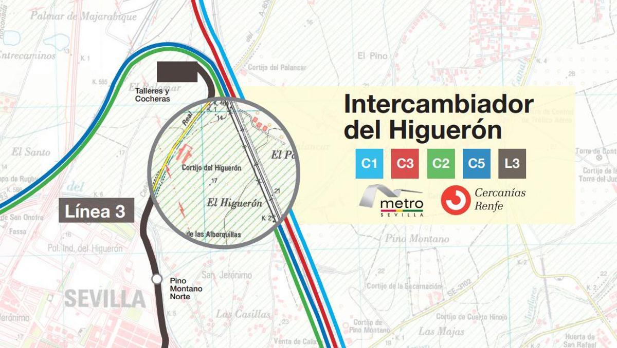 Mapa de la ubicación del intercambiador del Higuerón que conectaría metro y Cercanías