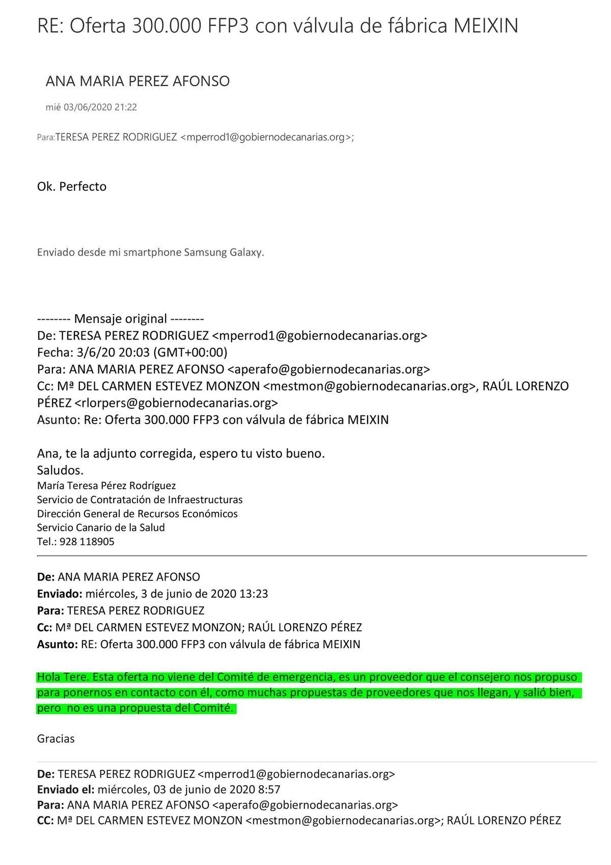 Correo entre funcionarias sobre una de las propuestas de contratación recibidas, que confirma que unas venían del comité de emergencia y otras no.