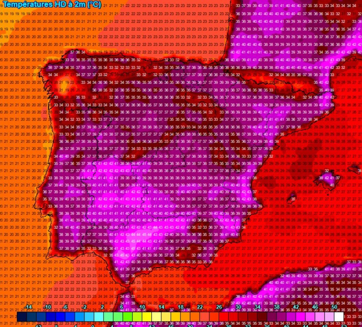 Previsión del modelo amerciano para mediados de julio con 41 grados en el litoral de la Comunitat Valenciana.