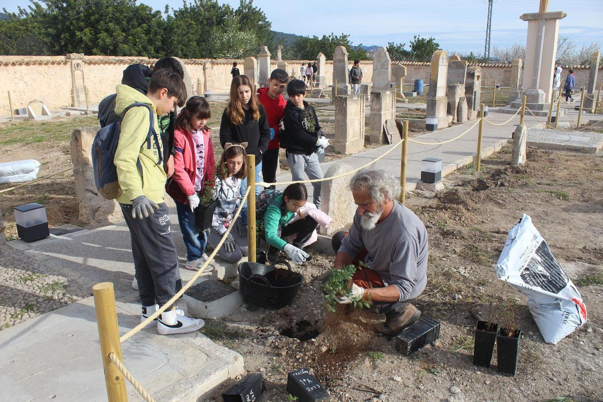 Bernat Fiol, de Gadma, trasplanta un árbol ante la mirada de los niños y niñas.