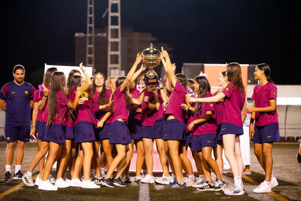 Las futbolistas del FC Barcelona celebran con el trofeo la victoria en la Copa Oro del Memorial Carla Irún.