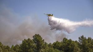 Un avión de los Bomberos actúa en la zona afectada por en incendio en el Pla de Manlleu, en Aiguamúrcia (Tarragona).