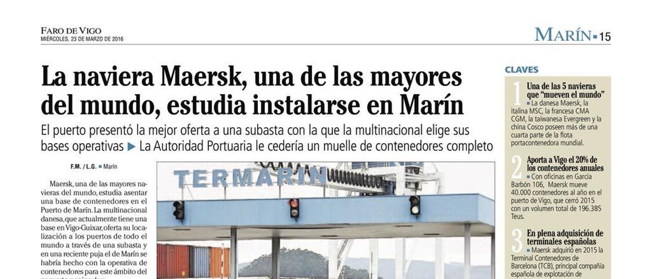 Página de FARO sobre la marcha de Maersk a Marín.