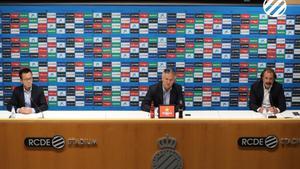 Mao, Duran y Rufete, en la rueda de prensa de este martes en el estadio del Espanyol.