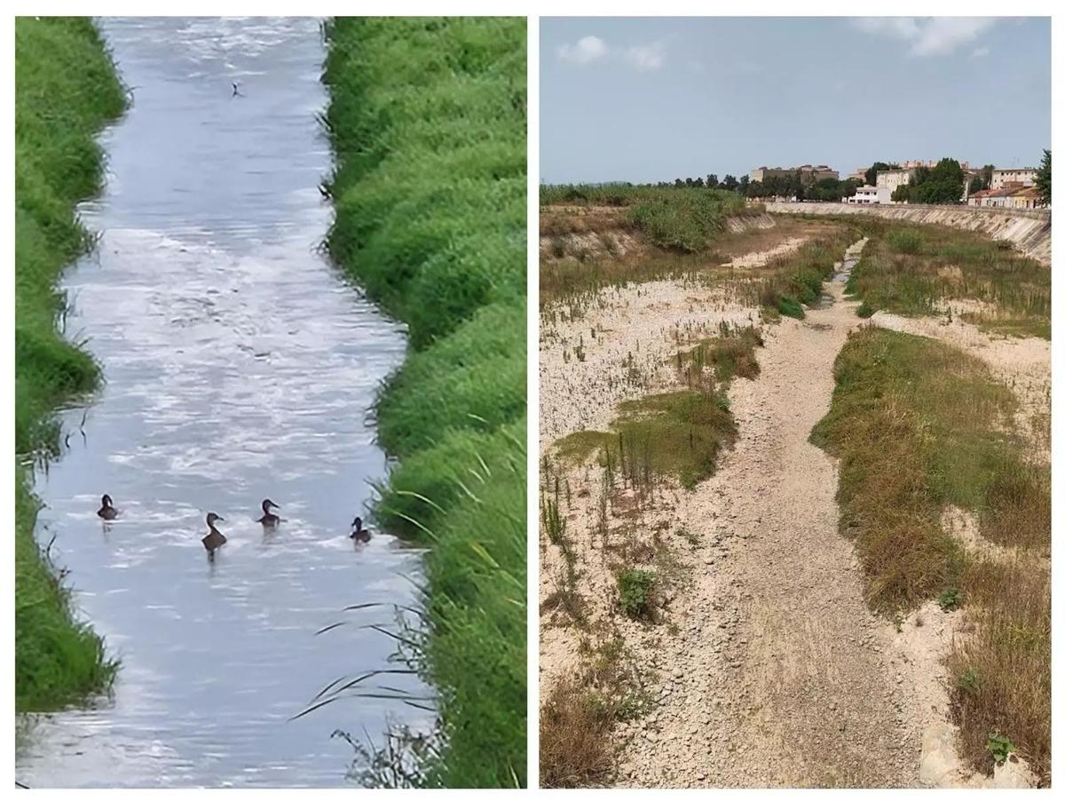 Vista comparativa del Magro en Algemesí en dos imágenes tomadas con pocos días de diferencia en el mes de junio.