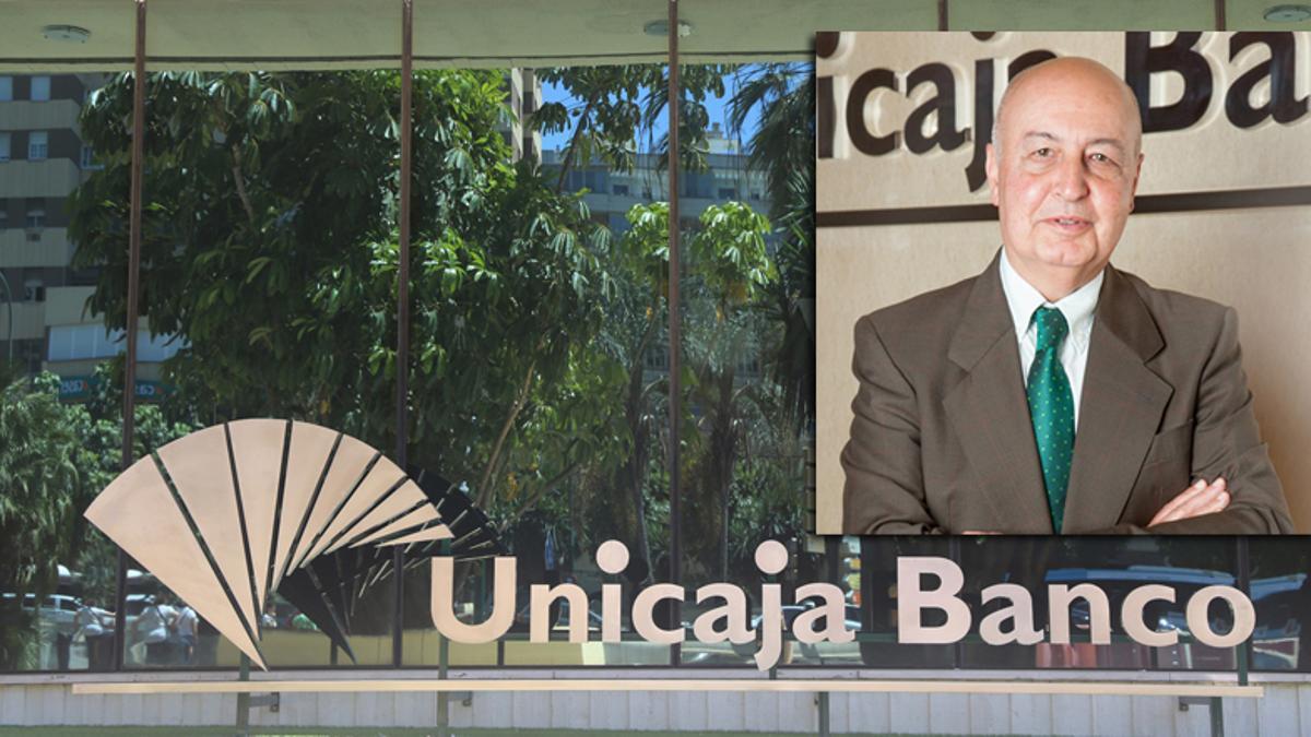 El logo de Unicaja en la sede central y la imagen de Manuel Muela