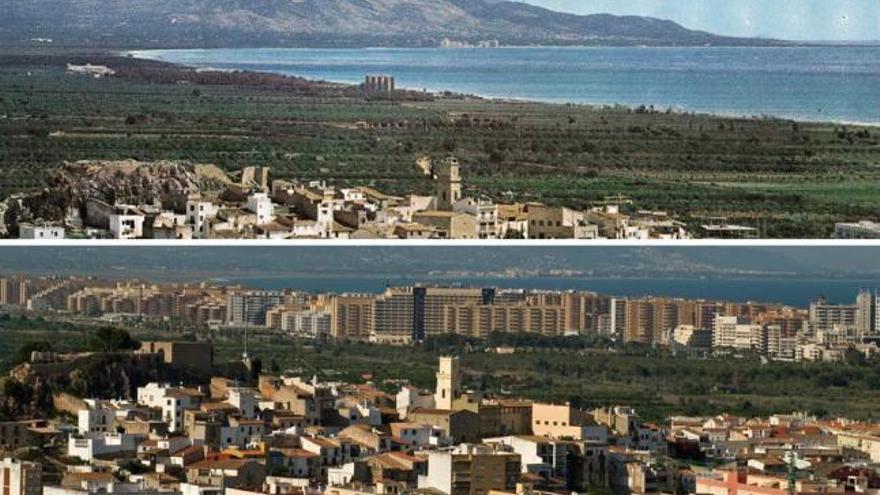 En la imagen, arriba, postal de Oropesa del Mar (Castelló) tomada en 1980. Abajo, vista en la actualidad.