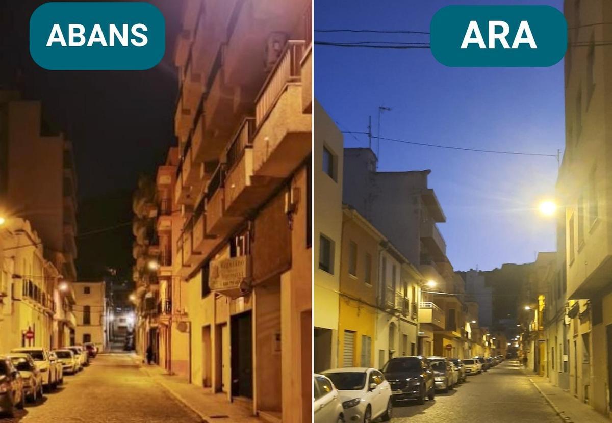 Imagen de antes y después de la iluminación de las calles de Oliva