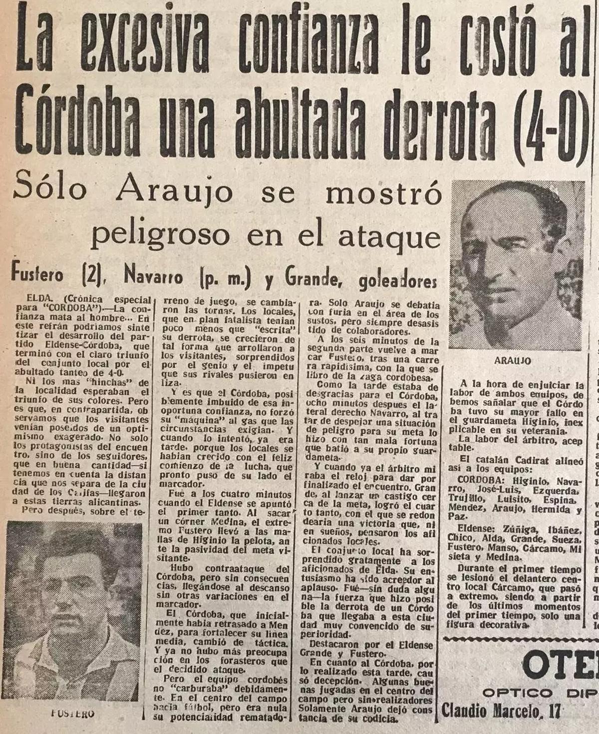 Crónica del Eldense-Córdoba CF, jugado el 9 septiembre de 1956, día en el que ambos equipos debutaban en Segunda.