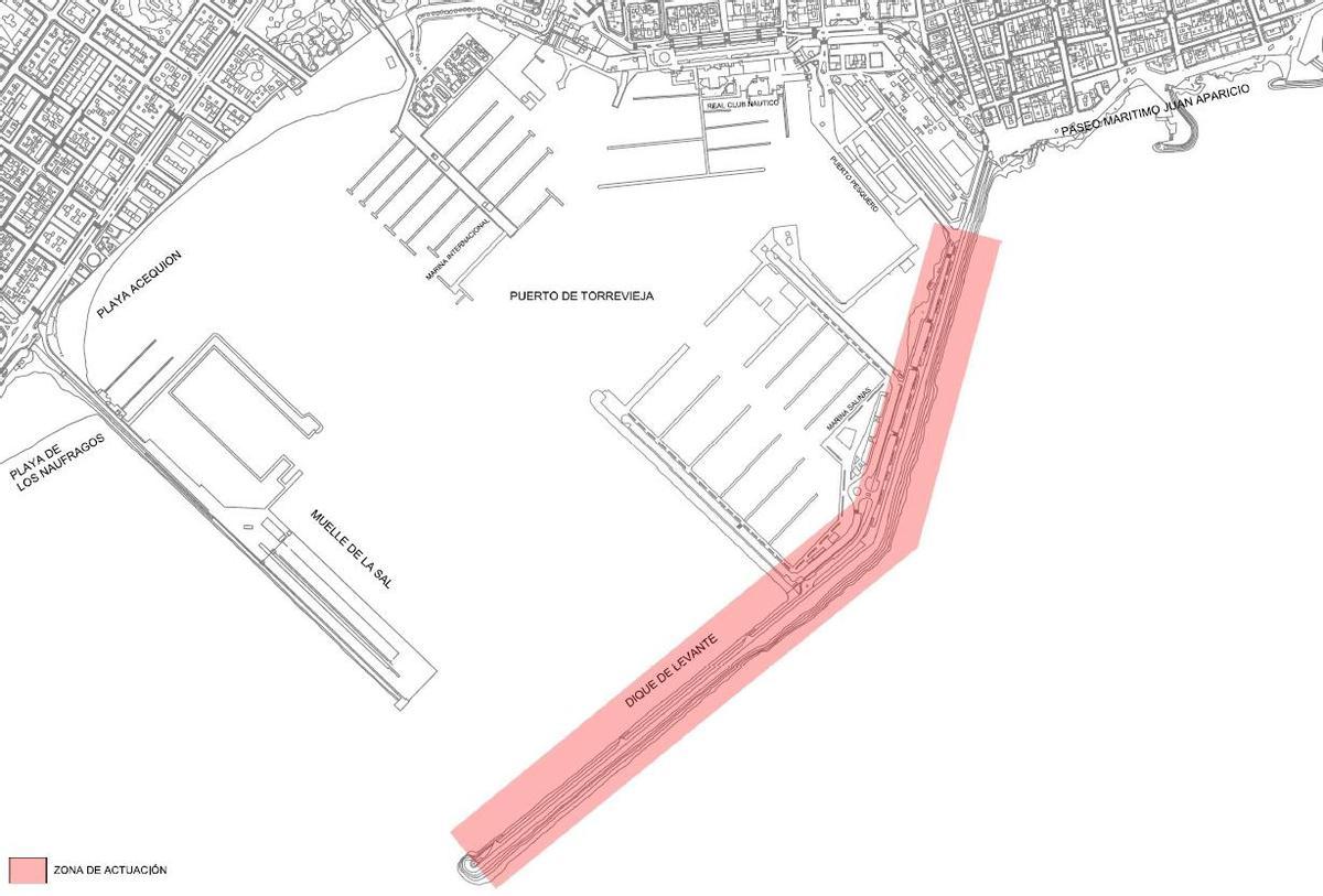 Ámbito de actuación sobre el dique de Levante del puerto de Torrevieja de la obra de reparación