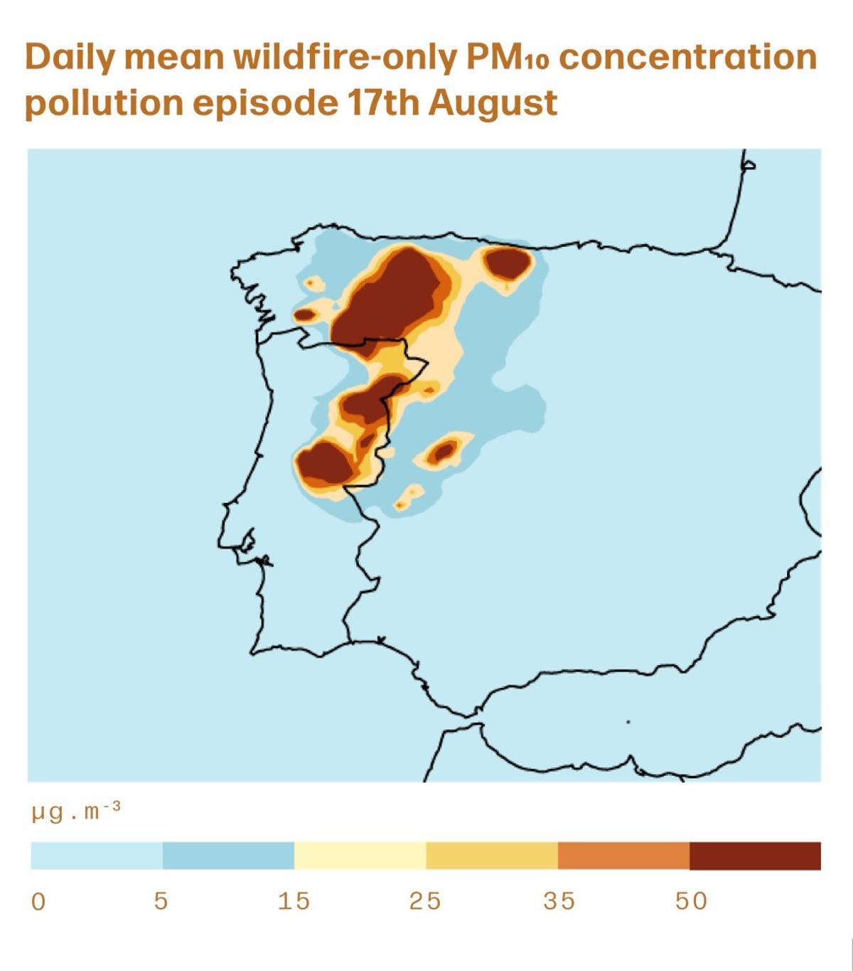 Emisiones de partículas PM10 en agosto de 2025 debido a los incendios forestales en la Península Ibérica