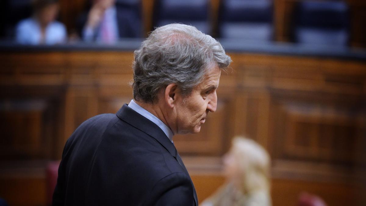 El presidente del PP, Alberto Núñez Feijóo, este miércoles 28 de mayo, en el Congreso.