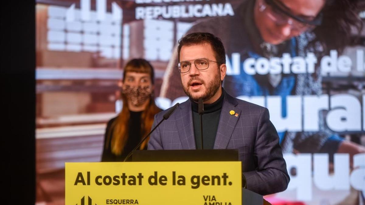 El cap de llista d ERC a les eleccions al Parlament  Pere Aragones  durant un acte telematic  Imatge del 12 de febrer de 2021  (Horitzontal) ERC - Marc Puig ACN