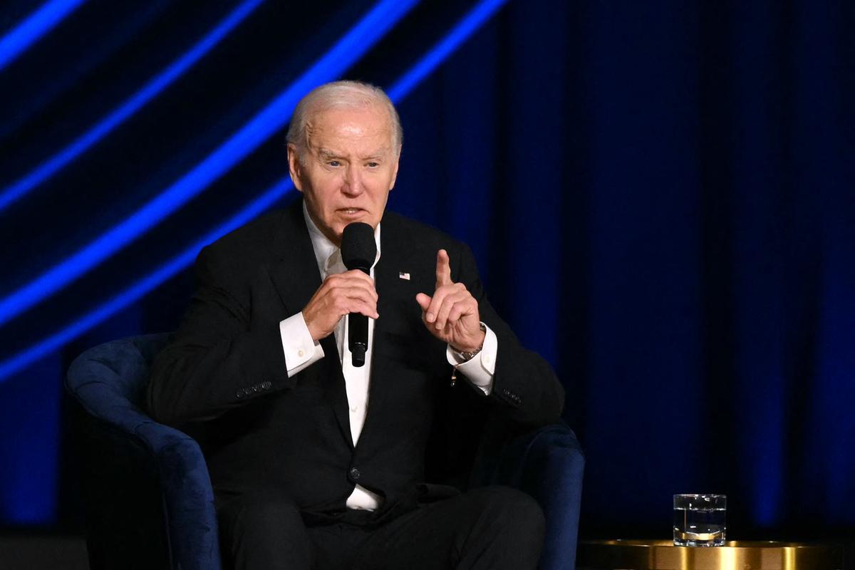 US President Joe Biden speaks onstage during a campaign fundraiser at the Peacock Theater in Los Angeles on June 15, 2024. (Photo by Mandel NGAN / AFP)