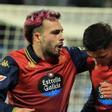 Mella y Yeremay celebran el gol en Zaragoza