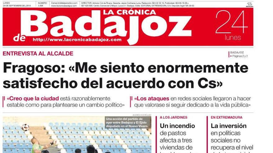 Esta es la portada de LA CRÓNICA DE BADAJOZ correspondiente al día 24 de septiembre del 2018