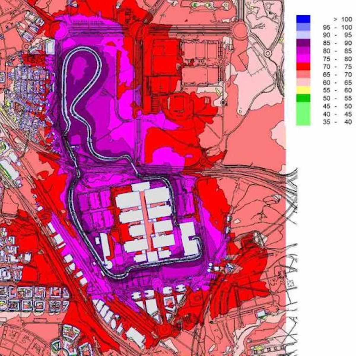 Modelo del mapa de ruido tras una hora de carrera elaborado por Dromo para el estudio acústico.