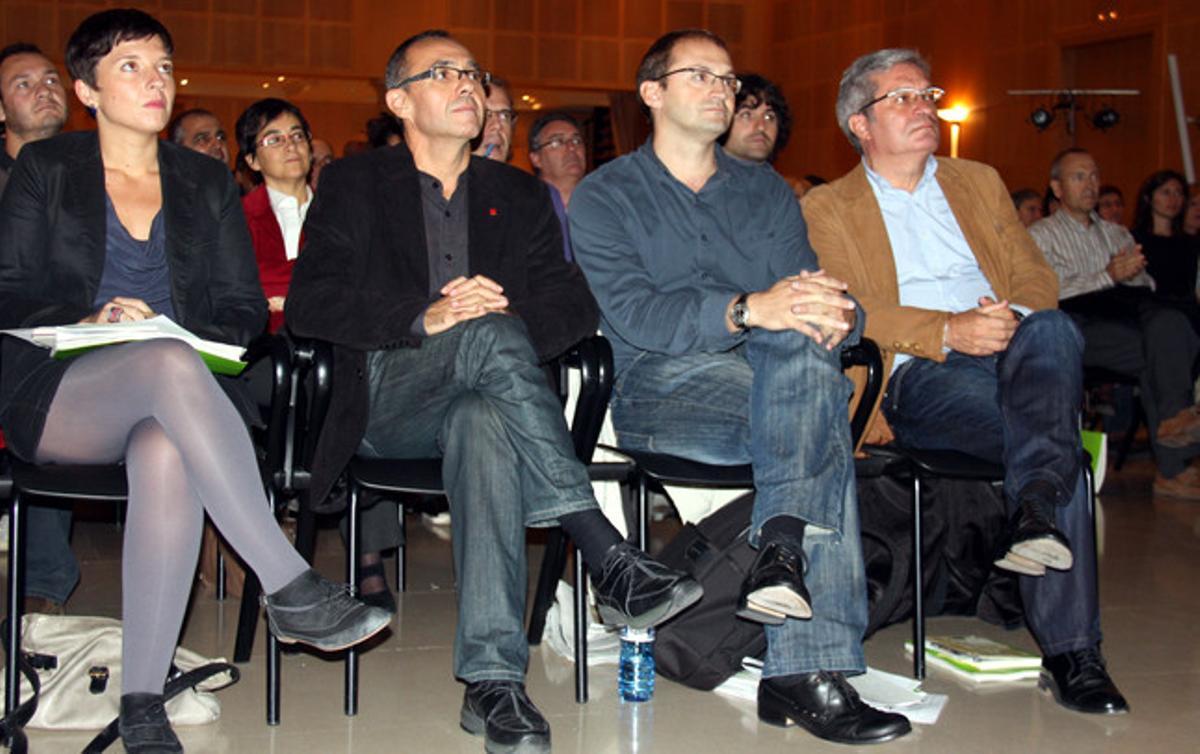 Laia Ortiz, Joan Coscubiela, Joan Herrera i Joan Saura, en l’acte d’{ICV}-{EUiA}.