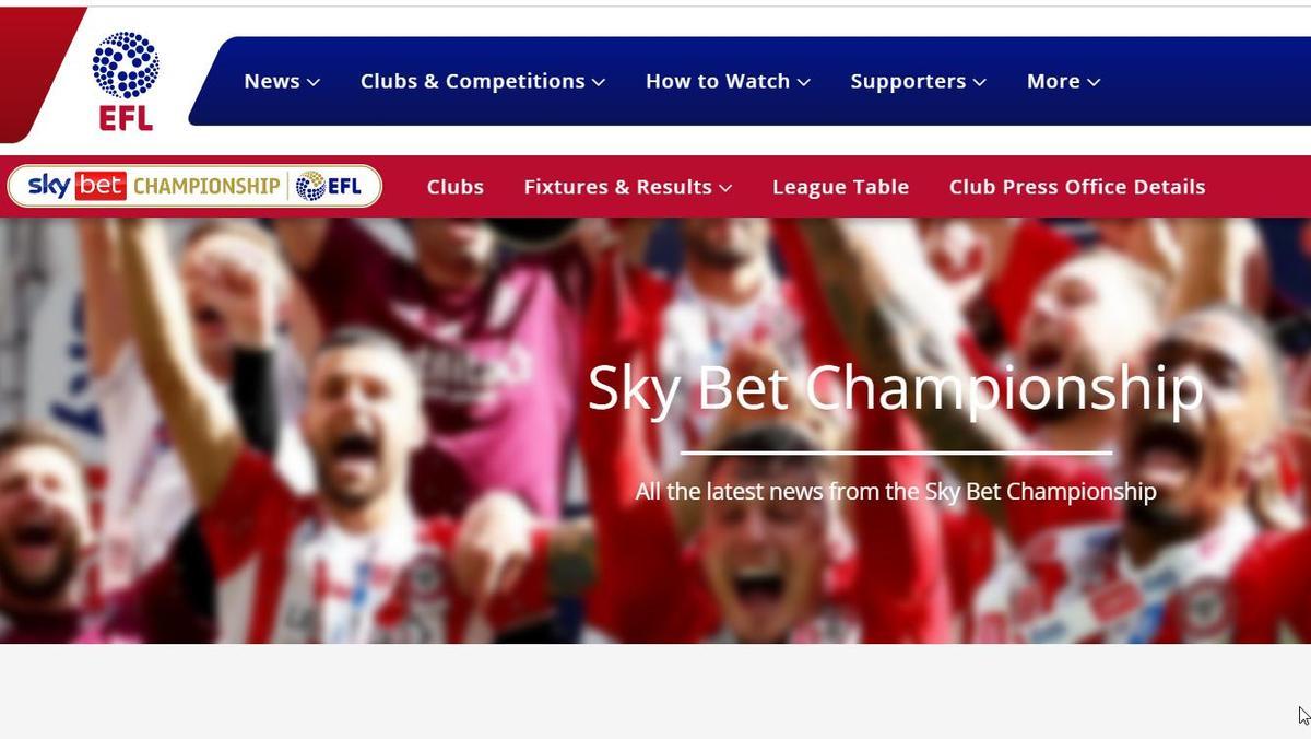 La 'home' de la página web de la Championship, la segunda división inglesa.