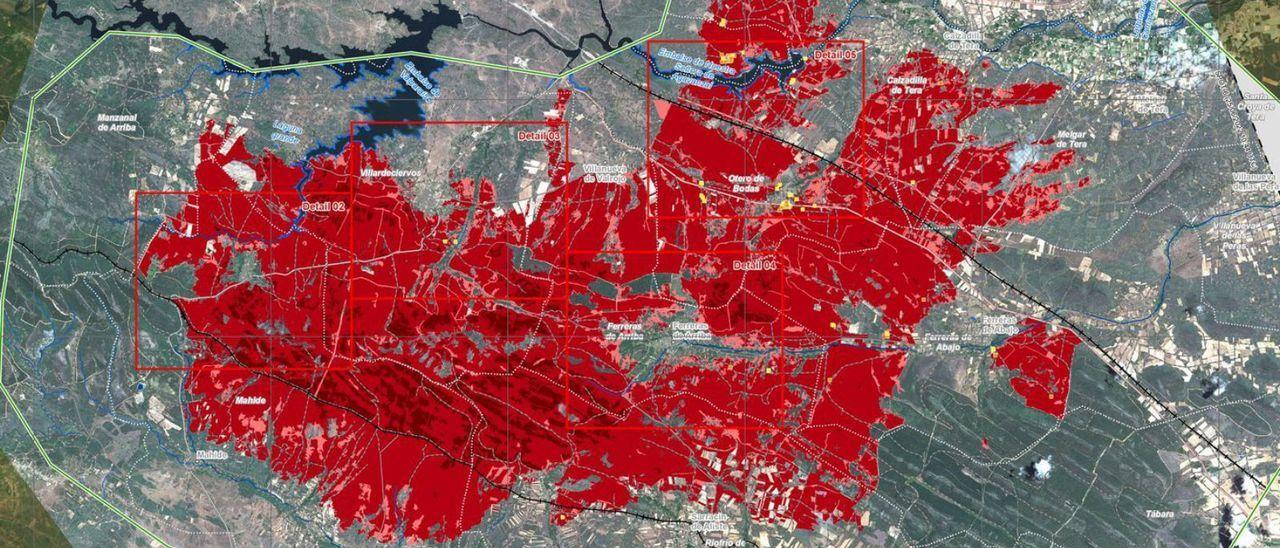 Vista general de la zona afectada por el incendio elaborada con los datos del satélite Copernicus. | Copernicus / UE