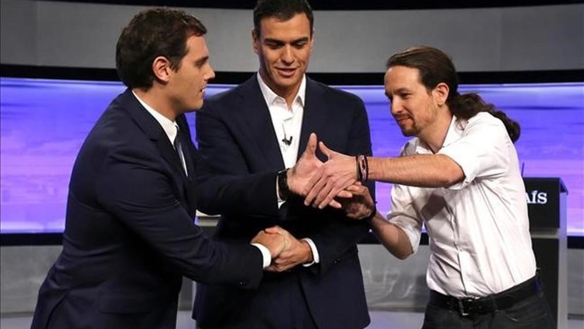 Albert Rivera, Pedro Sánchez y Pablo Iglesias, en el debate electoral de 'El País'.