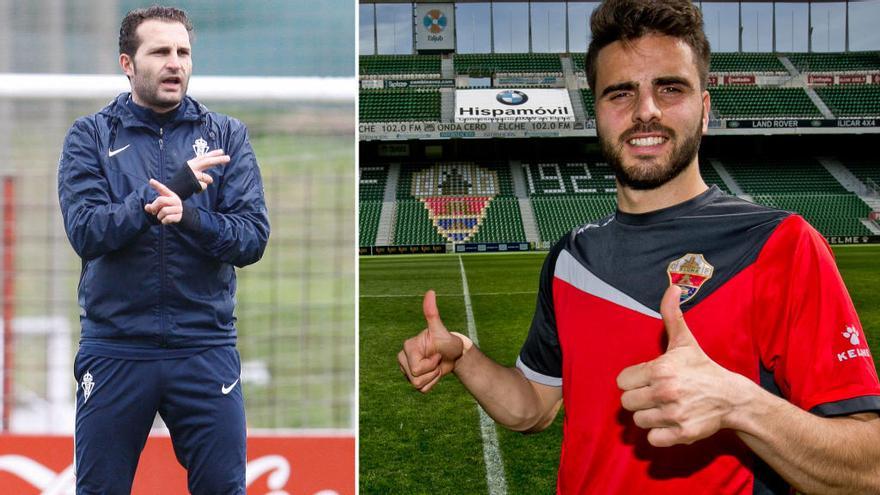 Rubén Baraja, entrenador del Sporting, y Pelayo Novo cuando jugaba en el Elche, momento en el que fue entrenado por el Pipo.