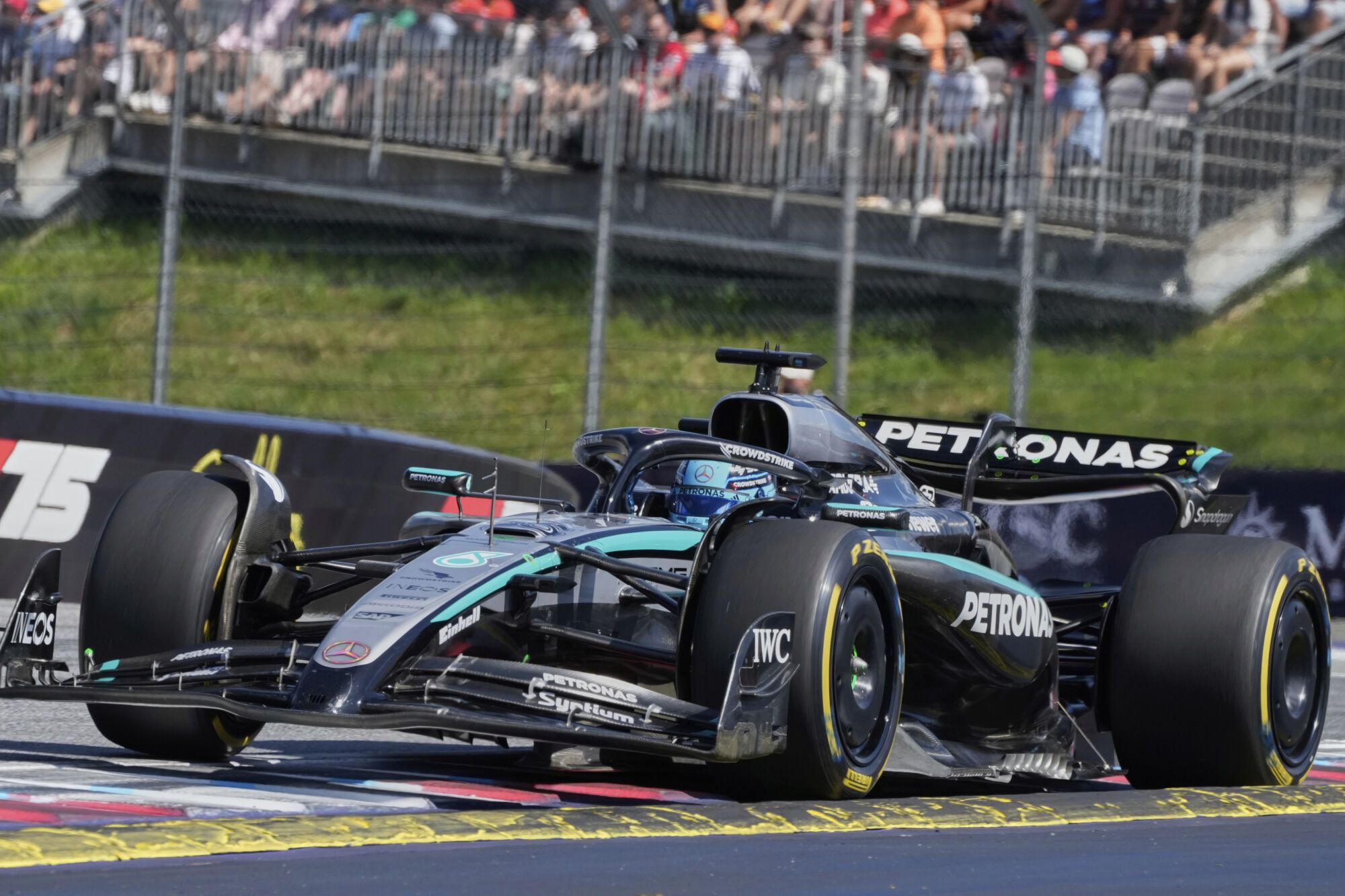 Mercedes driver George Russell of Britain in action during the Austrian Formula One Grand Prix in Spielberg, Austria, Sunday, June 29, 2025. (AP Photo/Darko Bandic) Associated Press/LaPresse. EDITORIAL USE ONLY/ONLY ITALY AND SPAIN