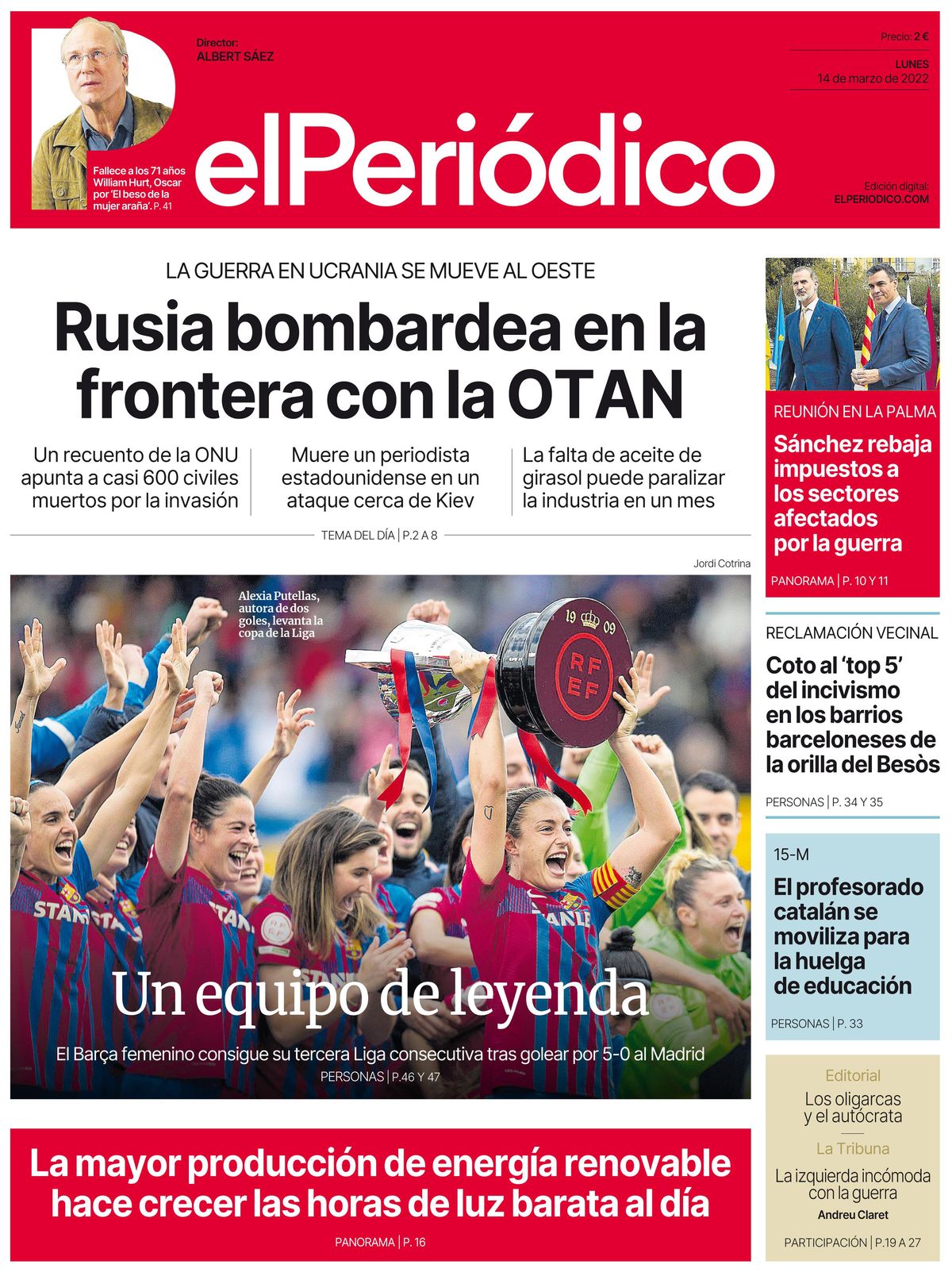 La portada d’EL PERIÓDICO del 14 de març del 2022