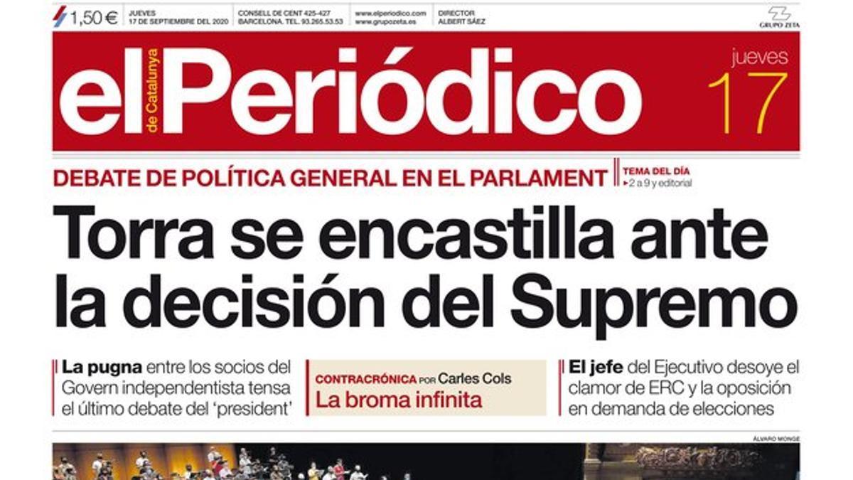 La portada de EL PERIÓDICO del 17 de septiembre del 2020.