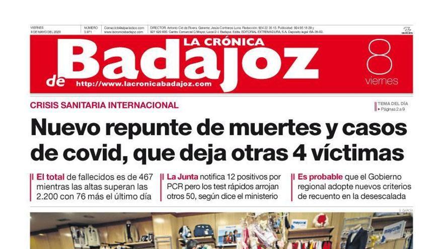 Esta es la portada de LA CRÓNICA DE BADAJOZ correspondiente al día 8 de mayo del 2020