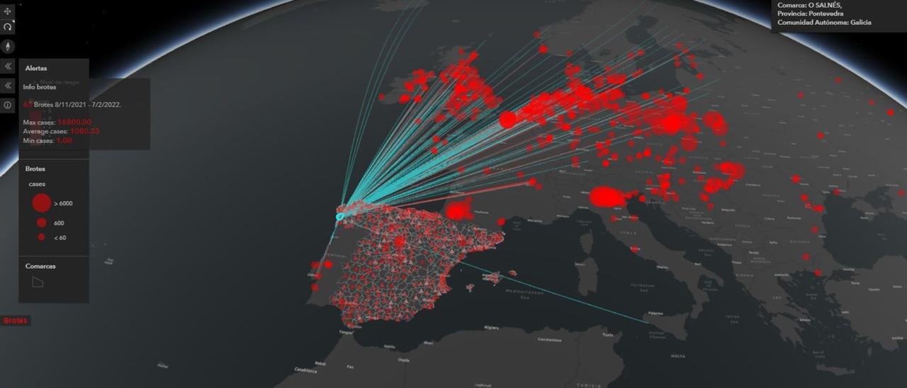 La comarca de O Salnés captada en la platafoma de seguimiento de la Influenza Aviar Altamente Patógena (IAAP). En rojo, las rutas activadas como de posible riesgo. |  // INIA-CSIC