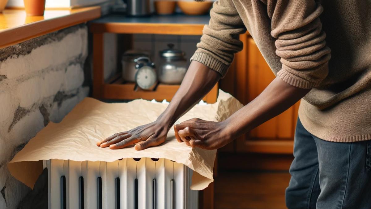 Una persona colocando papel de horno sobre un radiador