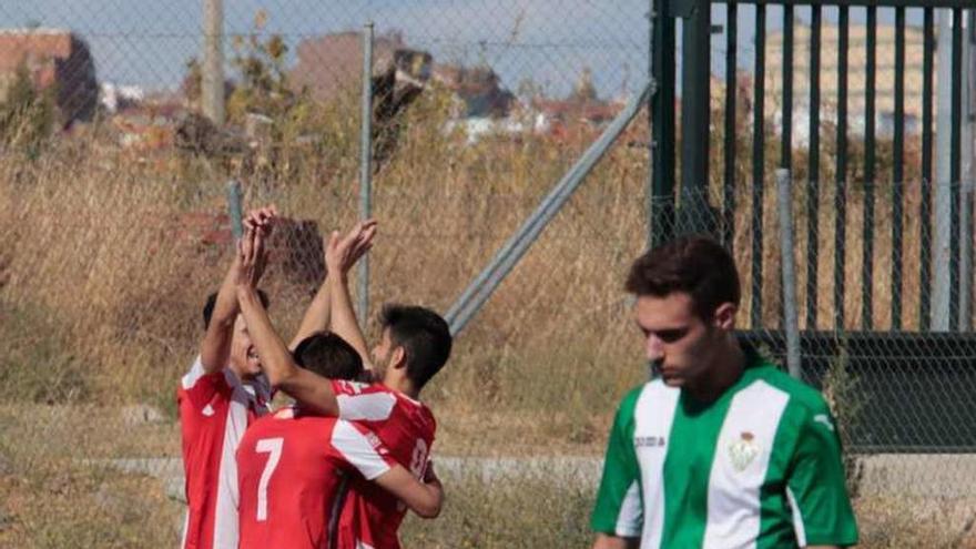 Los rojiblancos celebran uno de sus goles, ayer.