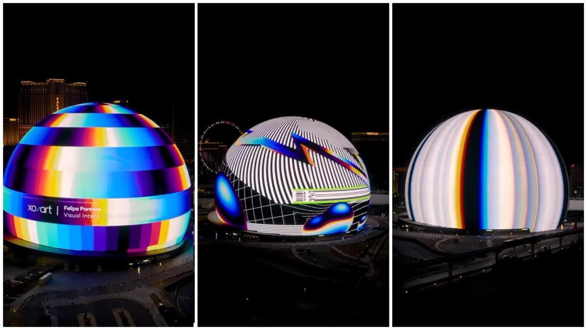 Diferentes momentos de la intervención de Felipe Pantone en The Sphere de Las Vegas.