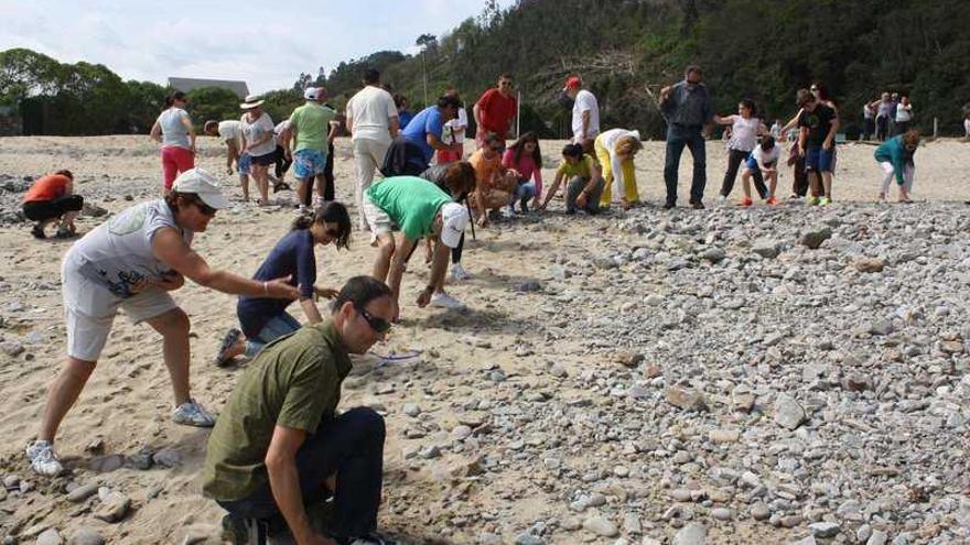 Usuarios de la playa, ayer, retirando piedras y abriendo un paso para poder llegar hasta el agua sobre arena.